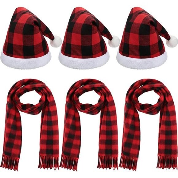 3 Pieces Christmas Plaid Santa Hat and 3 Pieces Plaid Scarfs main image 5